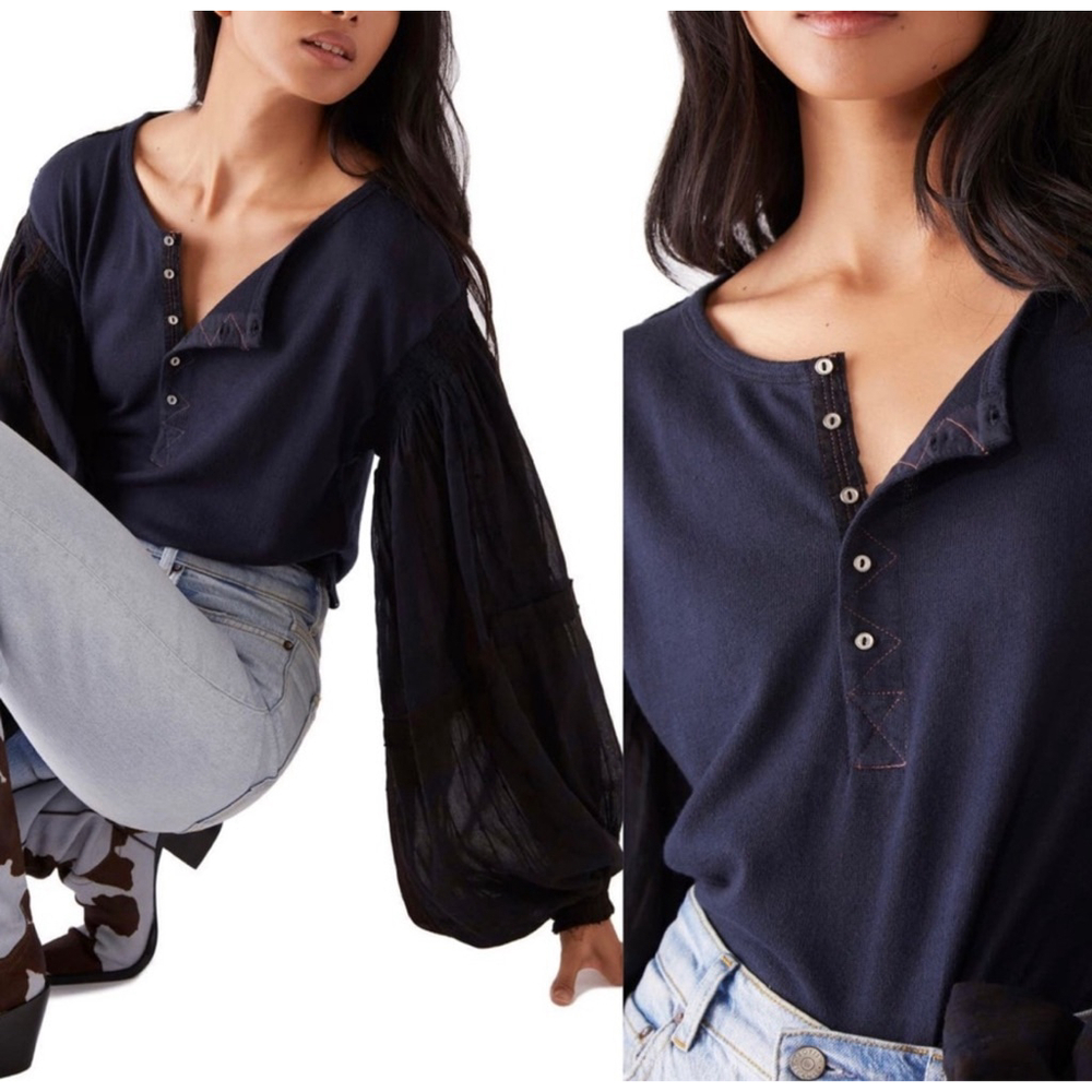 FREE PEOPLE womens deepest navy light magic henley top